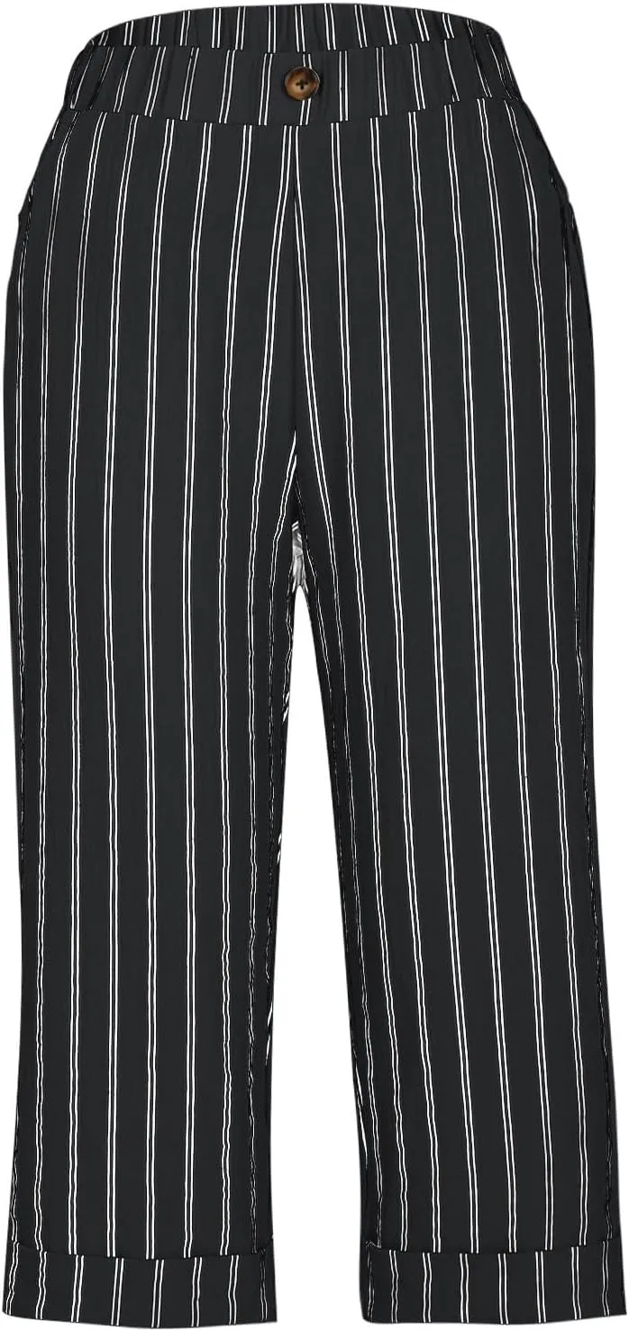 TARIENDY Capri Pants for Women Dressy Casual Summer Capris Comfy Fit Striped Cropped Trousers Vacation Outfits with Pockets