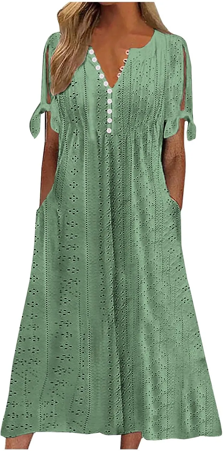 TARIENDY Eyelet Dress for Women 2025 Summer Boho Dresses Casual Short Sleeve Midi Dress Beach Vacation Outfits with Pockets