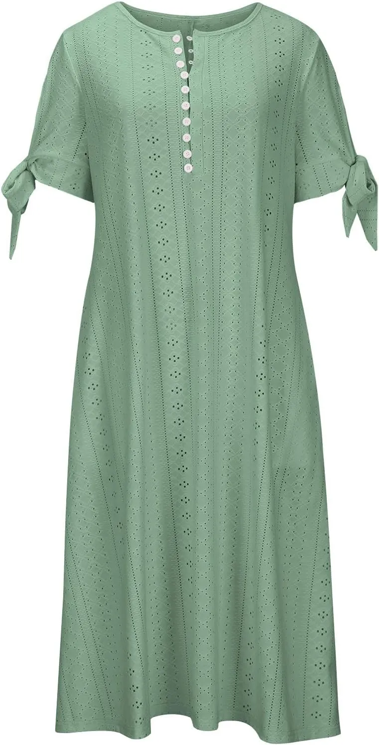 TARIENDY Eyelet Dress for Women 2025 Summer Boho Dresses Casual Short Sleeve Midi Dress Beach Vacation Outfits with Pockets