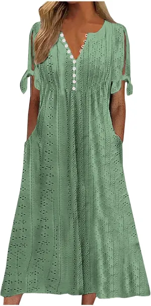 TARIENDY Eyelet Dress for Women 2025 Summer Boho Dresses Casual Short Sleeve Midi Dress Beach Vacation Outfits with Pockets