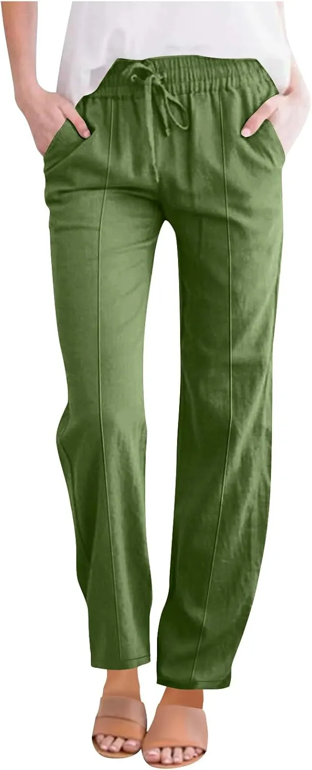 TARIENDY Womens Casual Summer Pants Drawstring Elastic Waist Wide Leg Trousers Loose Comfy Lounge Beach Pant with Pockets