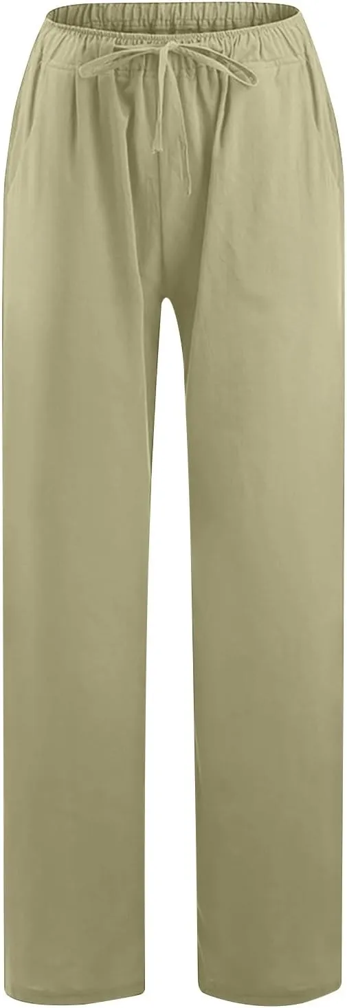 TARIENDY Womens Palazzo Pants Casual Summer Drawstring Elastic Waist Wide Leg Trouser Loose Cotton Linen Pant with Pockets