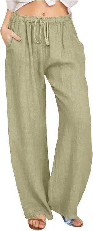 TARIENDY Womens Palazzo Pants Casual Summer Drawstring Elastic Waist Wide Leg Trouser Loose Cotton Linen Pant with Pockets