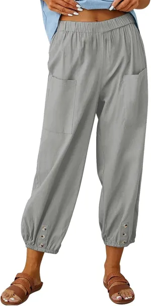 TARIENDY Women's Pants Casual Summer Lightweight Drawstring Elastic Waist Pant Wide Leg Beach Vacation Outfits with Pockets