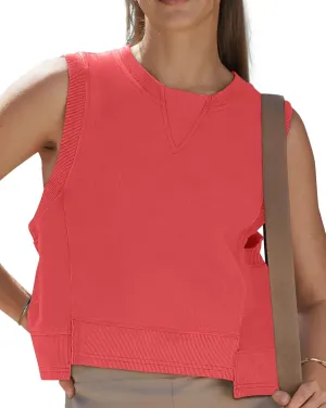 TARSE Women Crop Tank Tops Workout Crew Neck Sleeveless Loose Basic Shirts Boxy Athletic Gym Casual Tee Summer Trendy Clothes