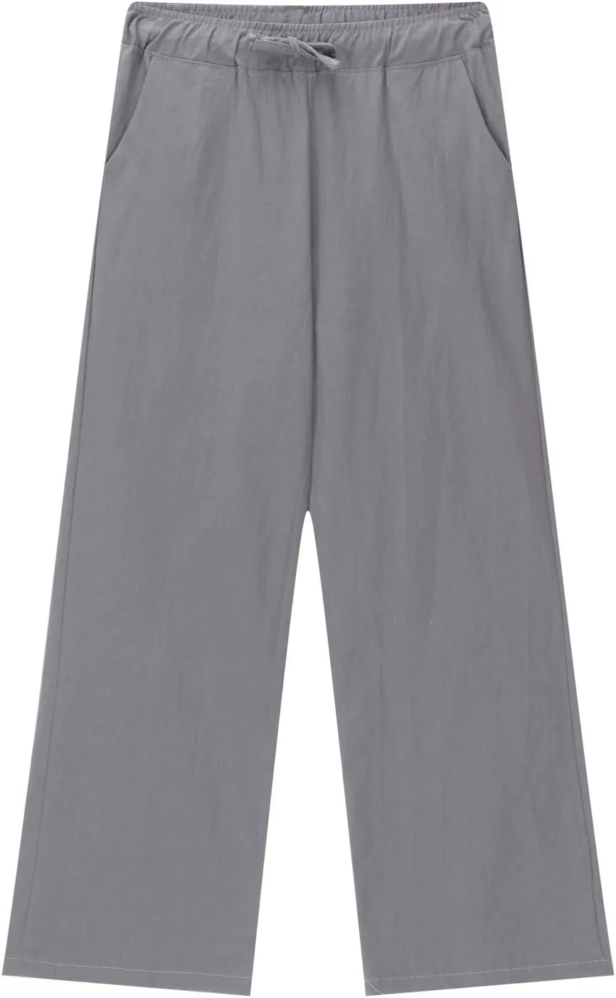 Teen Girls Casual Cotton Linen Pants Lightweight Summer Wide Leg Pant Loose Elastic Waist Plus Size Lounge Long Trousers