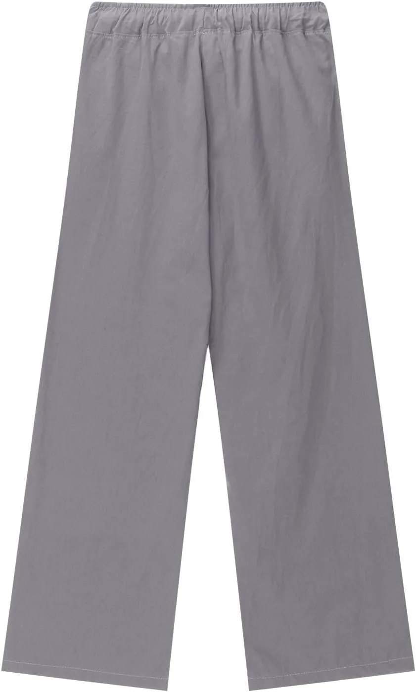 Teen Girls Casual Cotton Linen Pants Lightweight Summer Wide Leg Pant Loose Elastic Waist Plus Size Lounge Long Trousers