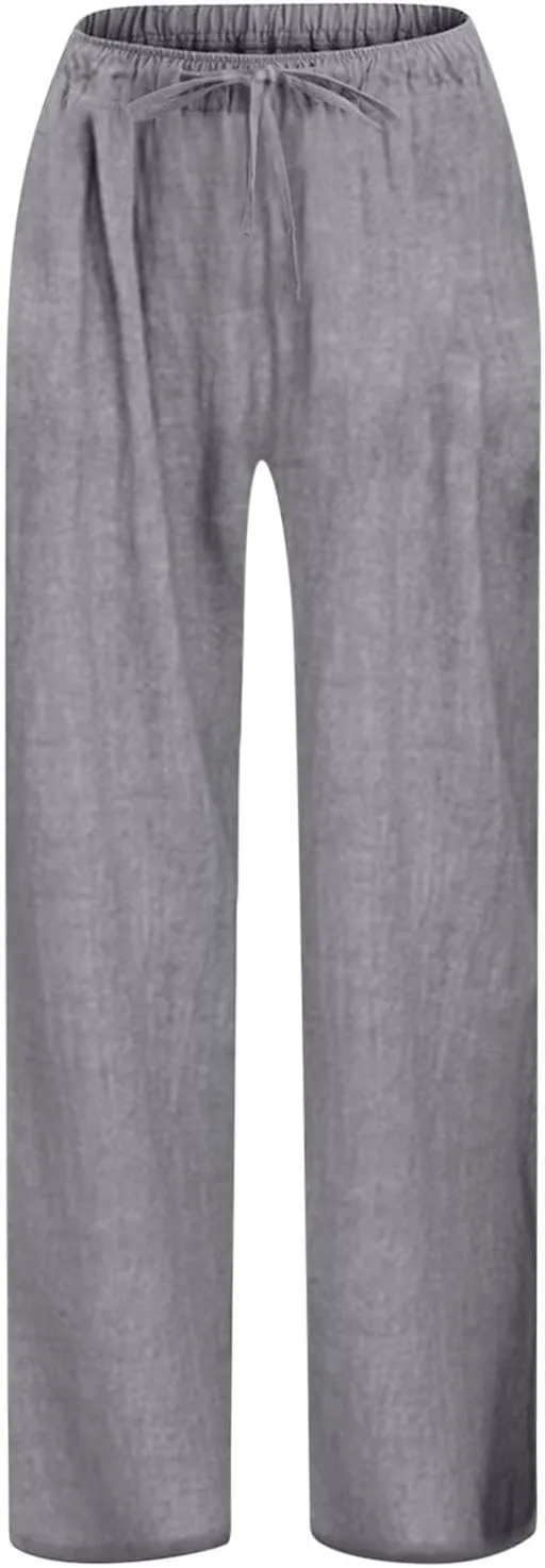 Teen Girls Casual Cotton Linen Pants Lightweight Summer Wide Leg Pant Loose Elastic Waist Plus Size Lounge Long Trousers