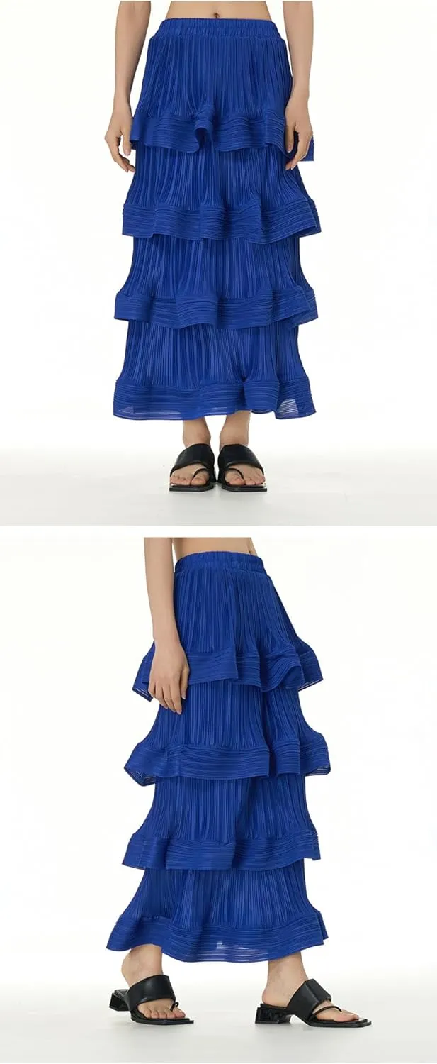 THLAI Womens Skirt Midi Elastic Waist Tiered Long Skirt Falbala Spring Summer Fall Skirt