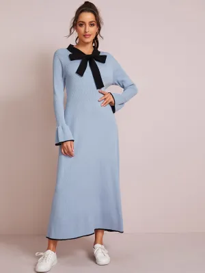 Tie Neck Contrast Binding Flounce Sleeve Jumper Dress