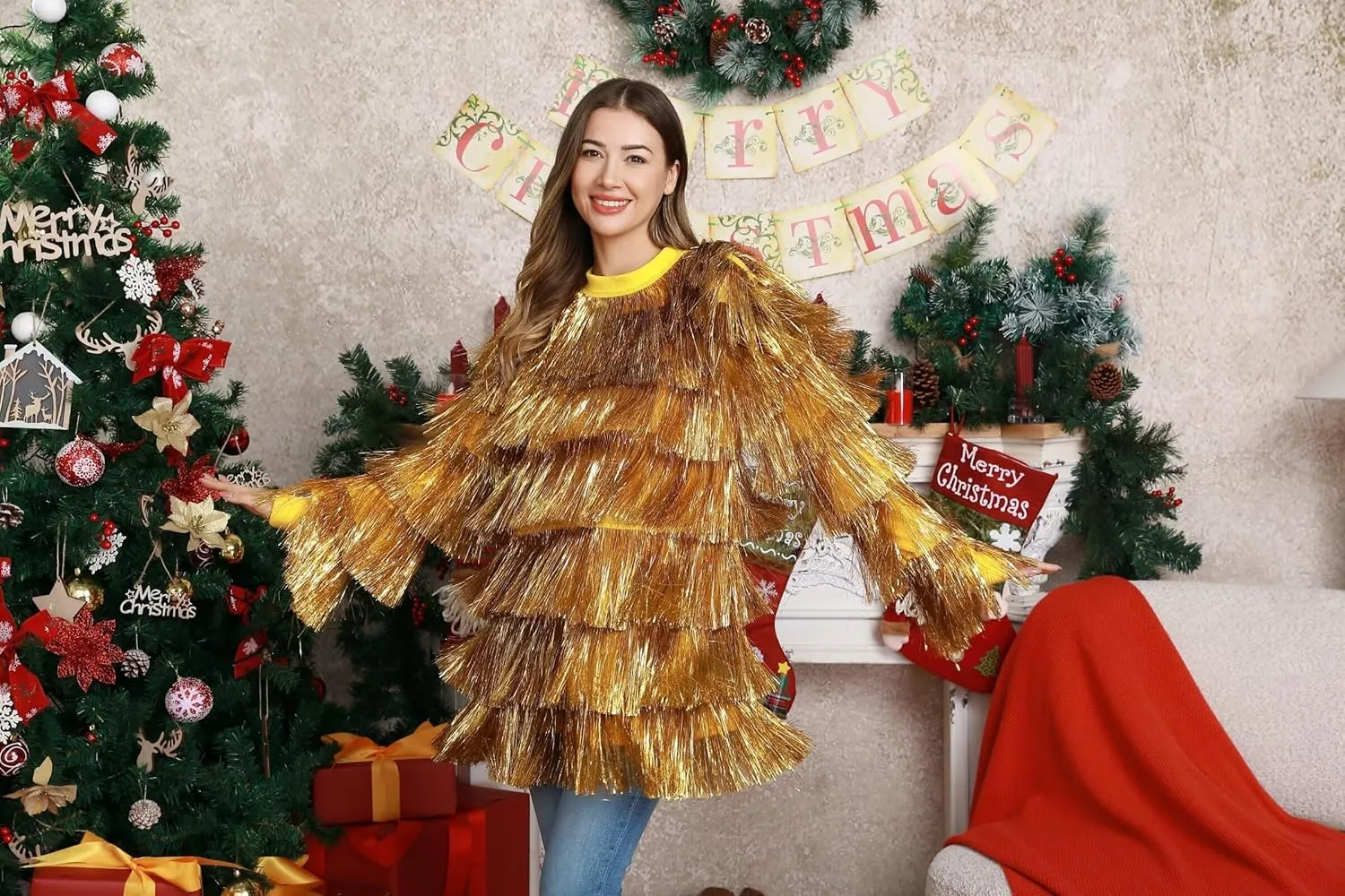 Tinsel Dress for Women, Multi Layer Tinsel Fringe Foil Dance Costume for Carnival Christmas Festive Party Event