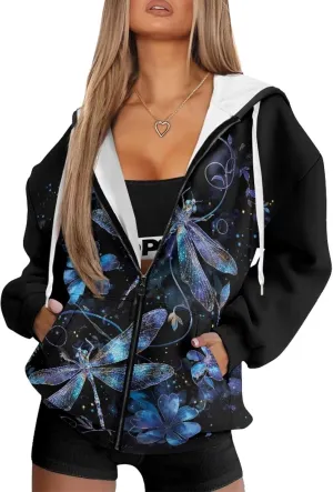TODIYADDU Zip Up Hoodie for Women Fashion Sweatshirts with Pockets Oversized Jacket Drawstring Hoodies Y2k Winter Outfits