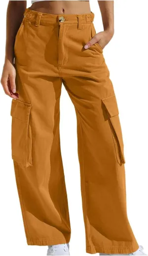 Uillui Western Cowboy Jeans for Women Straight Bootcut Cargo Pants High Waist Button Loose Denim Trouser Casual Bootleg Pant
