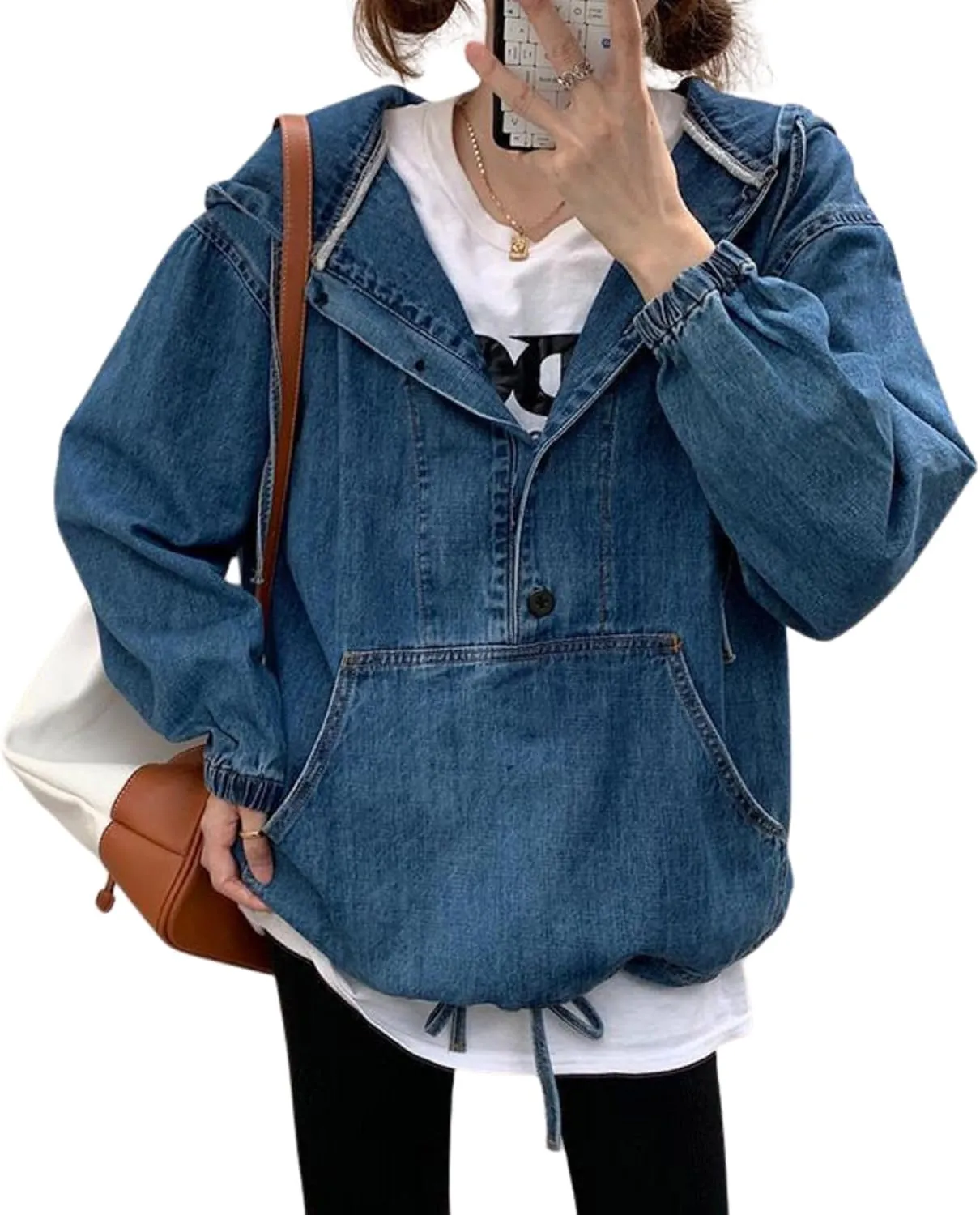 utcoco Womens Fashion Denim Pullover Jacket Casual Loose Fit 1/2 Button Long Sleeve Jean Tops with Pocket