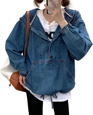 utcoco Womens Fashion Denim Pullover Jacket Casual Loose Fit 1/2 Button Long Sleeve Jean Tops with Pocket