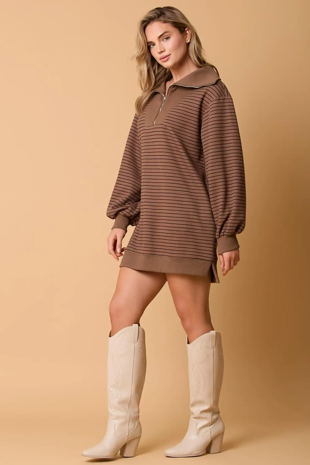 utcoco Women's Striped Oversized Sweatshirt Dress 1/4 Zip Long Sleeve Hoodie Pullover Mini Dress Fall Outfits 2024