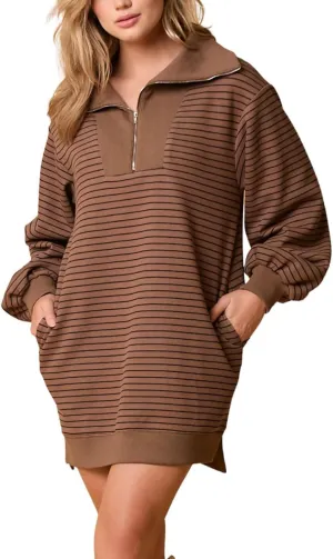 utcoco Women's Striped Oversized Sweatshirt Dress 1/4 Zip Long Sleeve Hoodie Pullover Mini Dress Fall Outfits 2024