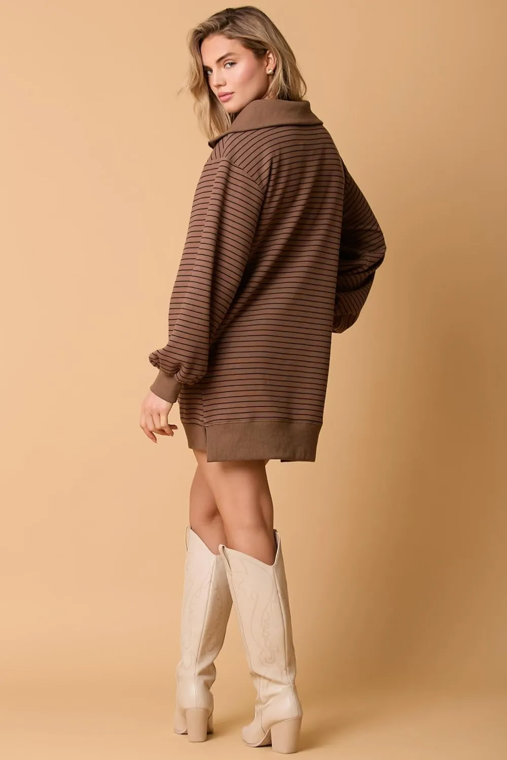 utcoco Women's Striped Oversized Sweatshirt Dress 1/4 Zip Long Sleeve Hoodie Pullover Mini Dress Fall Outfits 2024
