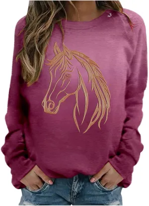 Vintage Horse Print Sweatshirts for Women Riding Horse Lover Long Sleeve Crew Neck Pullover Tops Casual Loose Shirts