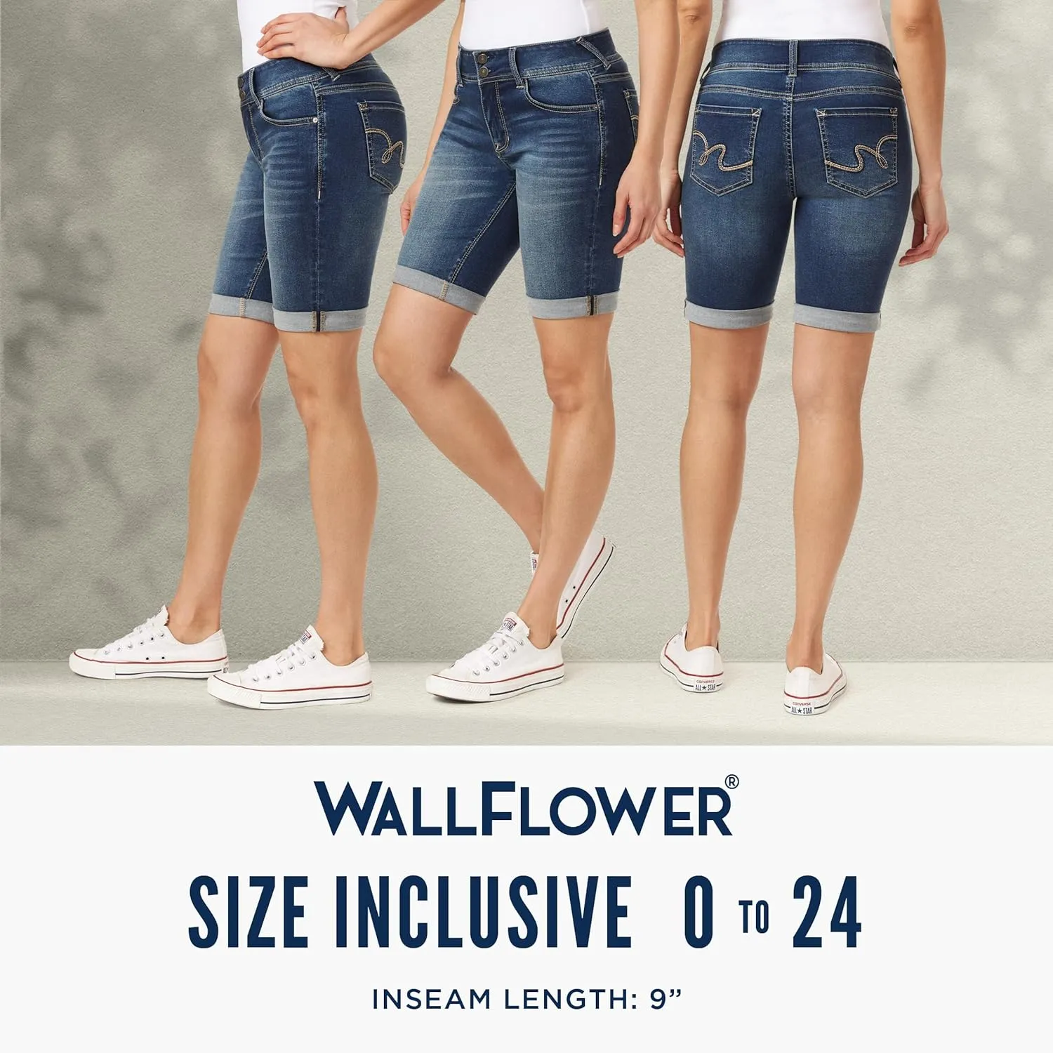 WallFlower Women's Ultra Denim Bermuda Shorts 9" Mid-Rise Insta Soft Juniors (Available in Plus Sizes)