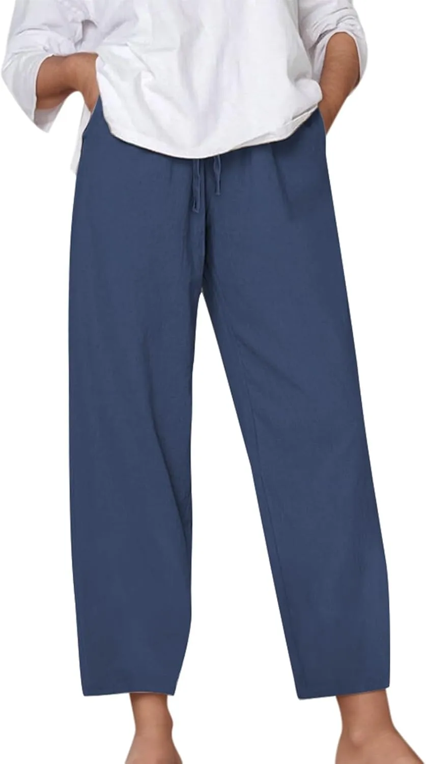 Wide Leg Cotton Linen Pants Women Summer Solid Lounge Trousers with Pockets Comfy Soft Loose Flowy Baggy Casual Pants