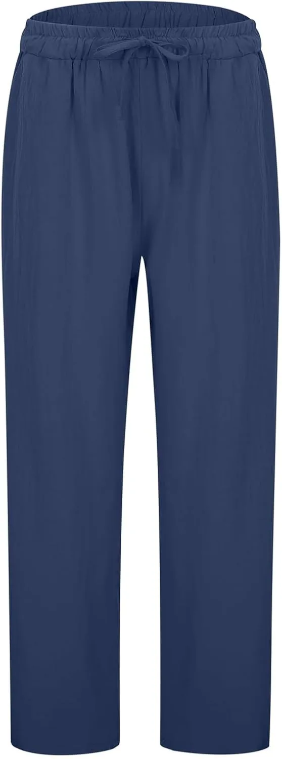 Wide Leg Cotton Linen Pants Women Summer Solid Lounge Trousers with Pockets Comfy Soft Loose Flowy Baggy Casual Pants
