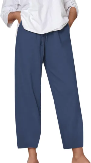 Wide Leg Cotton Linen Pants Women Summer Solid Lounge Trousers with Pockets Comfy Soft Loose Flowy Baggy Casual Pants