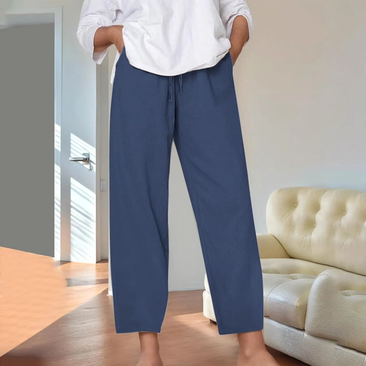 Wide Leg Cotton Linen Pants Women Summer Solid Lounge Trousers with Pockets Comfy Soft Loose Flowy Baggy Casual Pants
