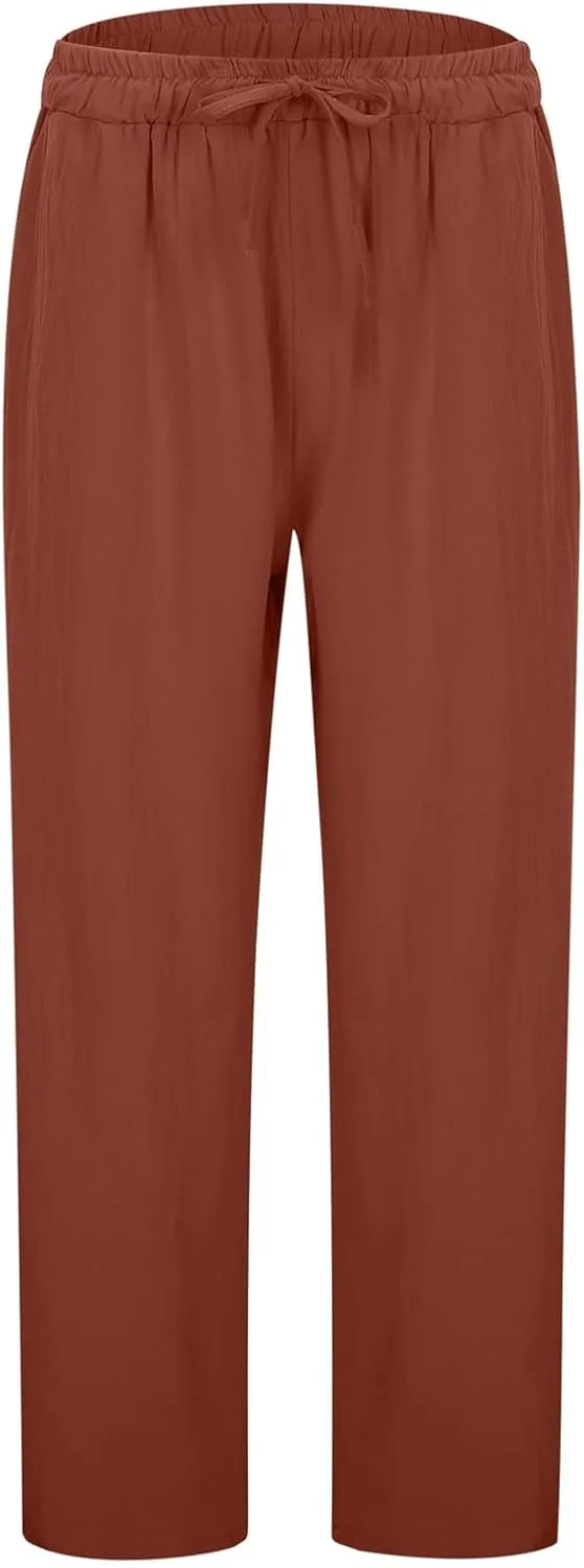 Wide Leg Cotton Linen Pants Women Summer Solid Lounge Trousers with Pockets Comfy Soft Loose Flowy Baggy Casual Pants