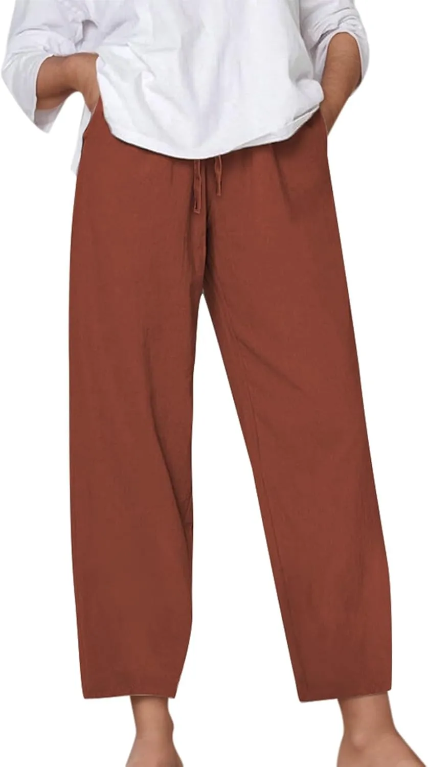 Wide Leg Cotton Linen Pants Women Summer Solid Lounge Trousers with Pockets Comfy Soft Loose Flowy Baggy Casual Pants