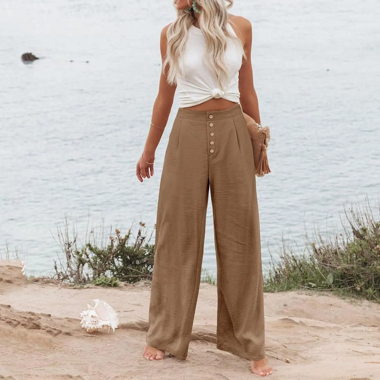 Wide Leg Dress Pants Women Business Casual High Waisted Pants Office Button Down Pleated Work Trousers with Pockets