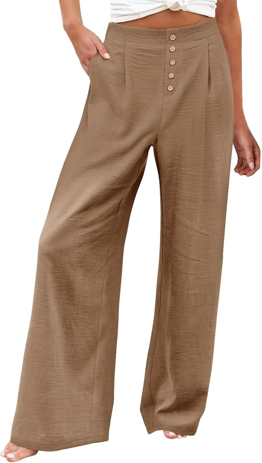 Wide Leg Dress Pants Women Business Casual High Waisted Pants Office Button Down Pleated Work Trousers with Pockets