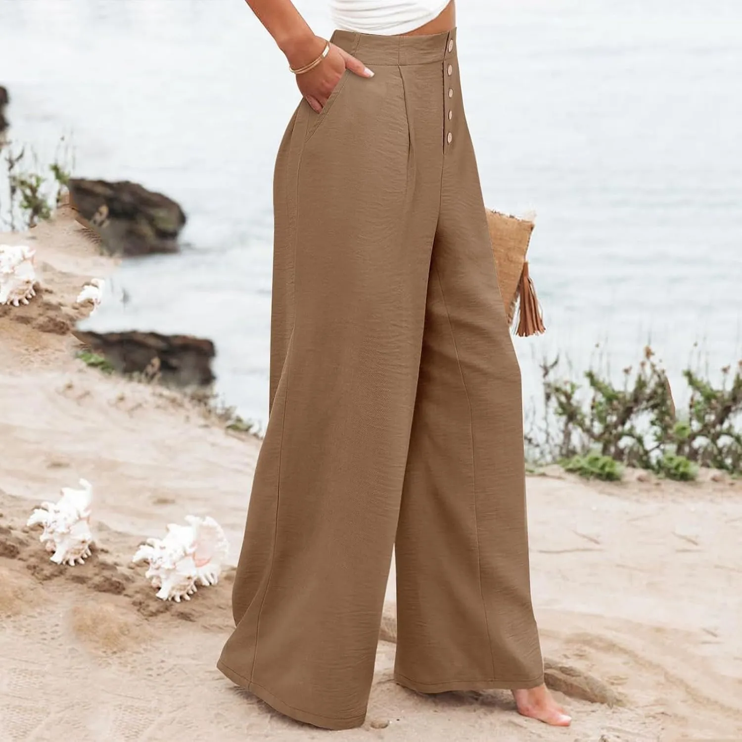 Wide Leg Dress Pants Women Business Casual High Waisted Pants Office Button Down Pleated Work Trousers with Pockets