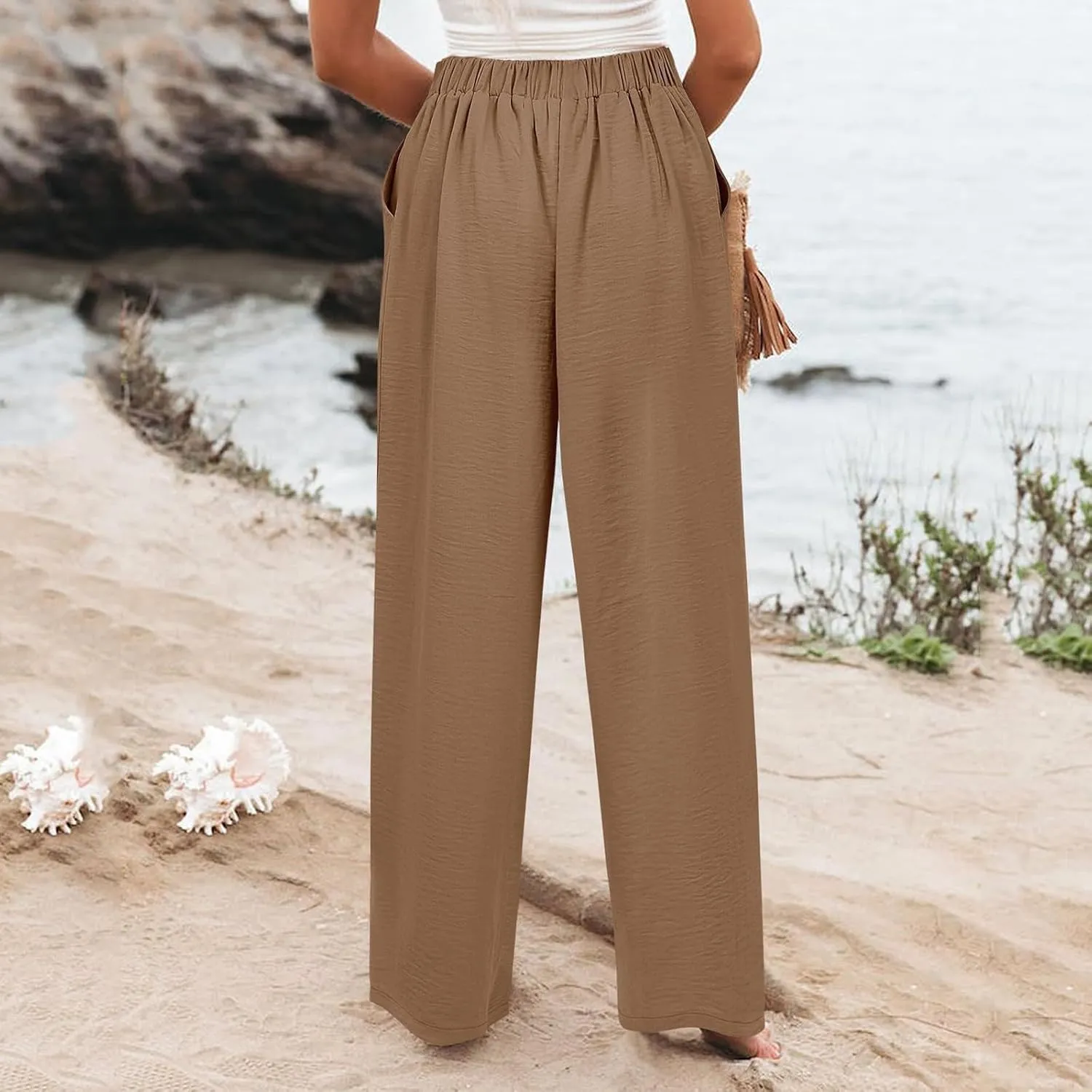 Wide Leg Dress Pants Women Business Casual High Waisted Pants Office Button Down Pleated Work Trousers with Pockets