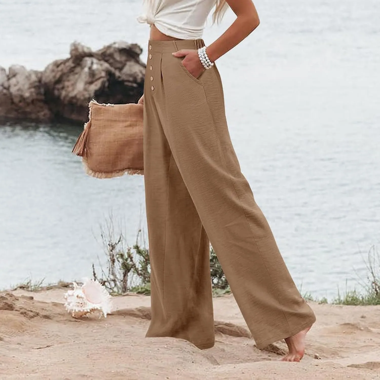 Wide Leg Dress Pants Women Business Casual High Waisted Pants Office Button Down Pleated Work Trousers with Pockets