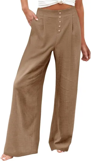 Wide Leg Dress Pants Women Business Casual High Waisted Pants Office Button Down Pleated Work Trousers with Pockets