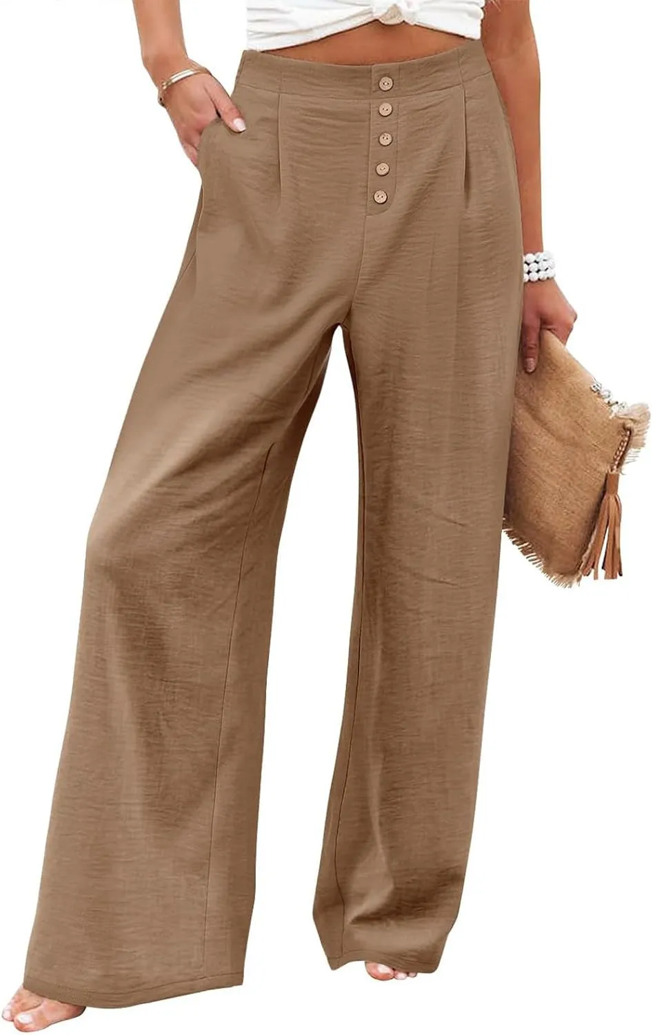 Wide Leg Dress Pants Women Business Casual High Waisted Pants Office Button Down Pleated Work Trousers with Pockets