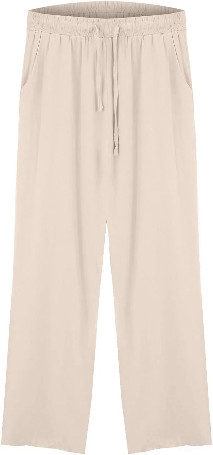Wide Leg Linen Pants for Women Casual High Waisted Palazzo Crop Pants Lightweight Summer Flowy Trousers with Pockets
