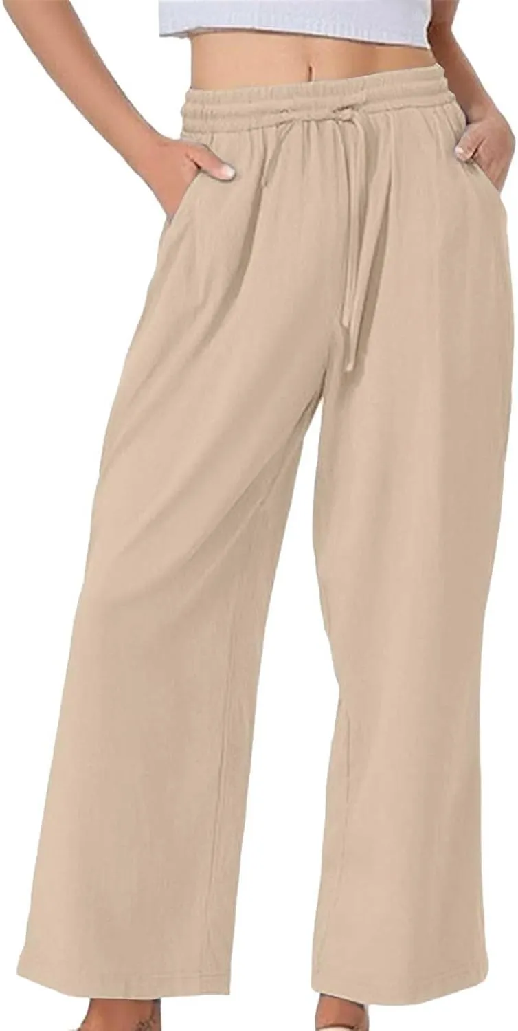 Wide Leg Linen Pants for Women Casual High Waisted Palazzo Crop Pants Lightweight Summer Flowy Trousers with Pockets