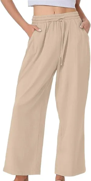 Wide Leg Linen Pants for Women Casual High Waisted Palazzo Crop Pants Lightweight Summer Flowy Trousers with Pockets