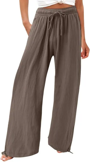 Wide Leg Linen Pants for Women Drawstring High Waisted Casual Palazzo Pants Lightweight Summer Flowy Beach Pants with Pockets Gauze Comfy Lounge Pants Cotton Linen Wide Leg Trousers Vacation Wear 2025