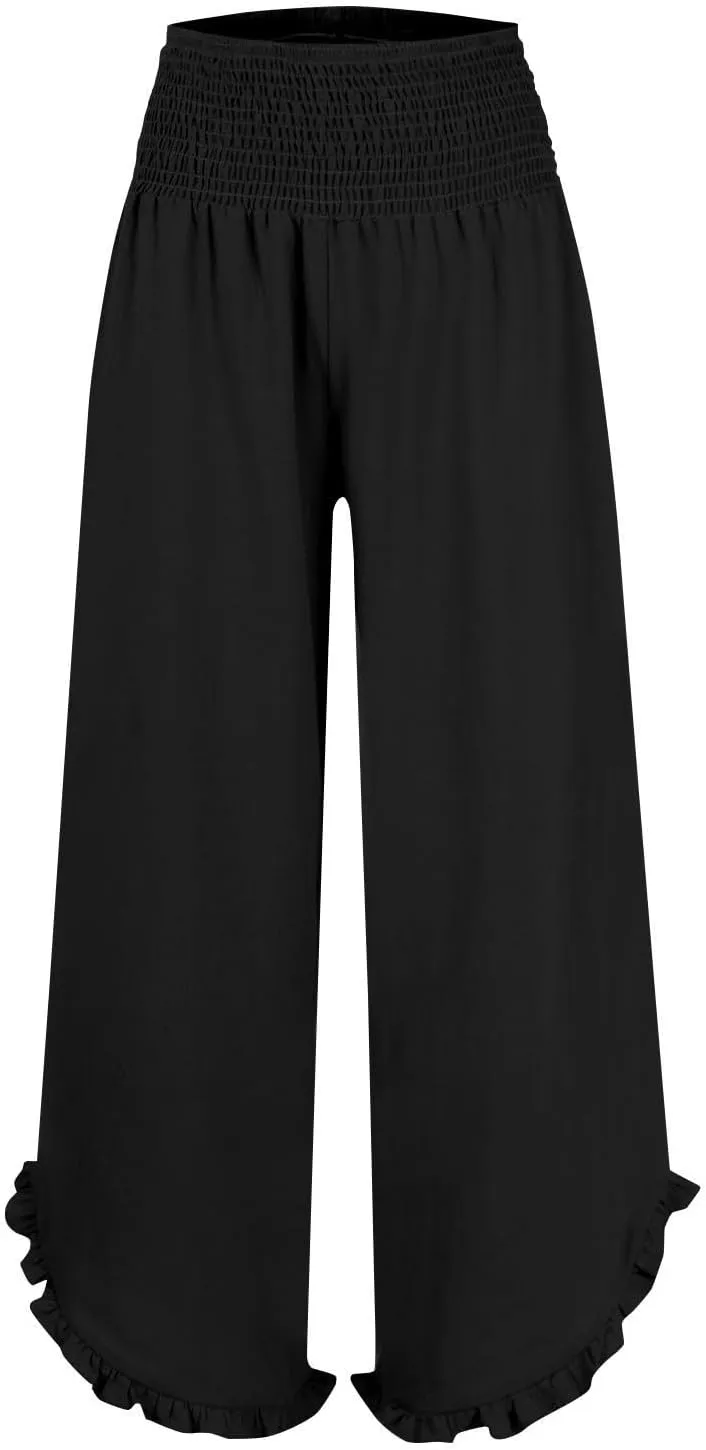 Wide Leg Linen Pants for Women Elastic High Waisted Tummy Control Ruffles Palazzo Pants Casual Summer Flowy Beach Trousers