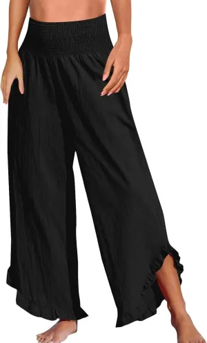 Wide Leg Linen Pants for Women Elastic High Waisted Tummy Control Ruffles Palazzo Pants Casual Summer Flowy Beach Trousers