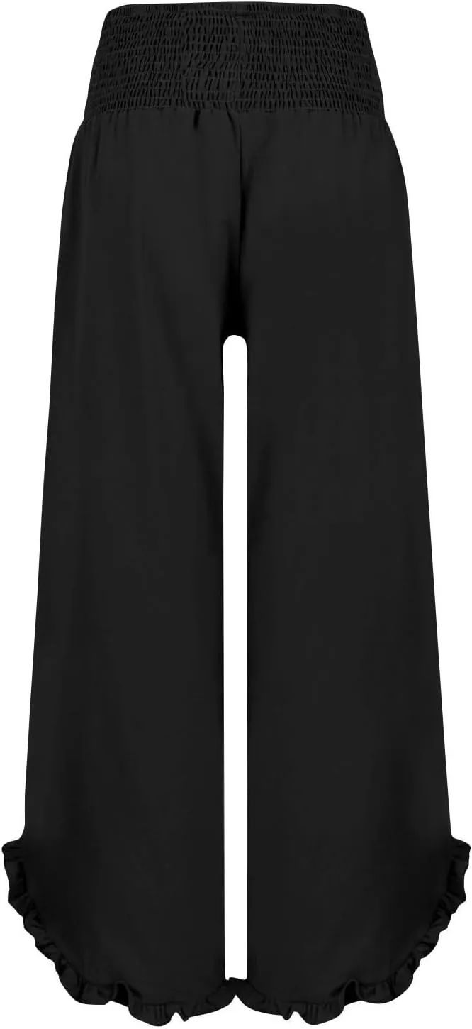 Wide Leg Linen Pants for Women Elastic High Waisted Tummy Control Ruffles Palazzo Pants Casual Summer Flowy Beach Trousers