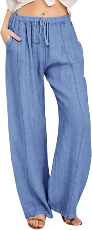 Wide Leg Linen Pants for Women Palazzo Casual Flowy Pants High Waisted Drawstring Lounge Comfy Trousers with Pockets