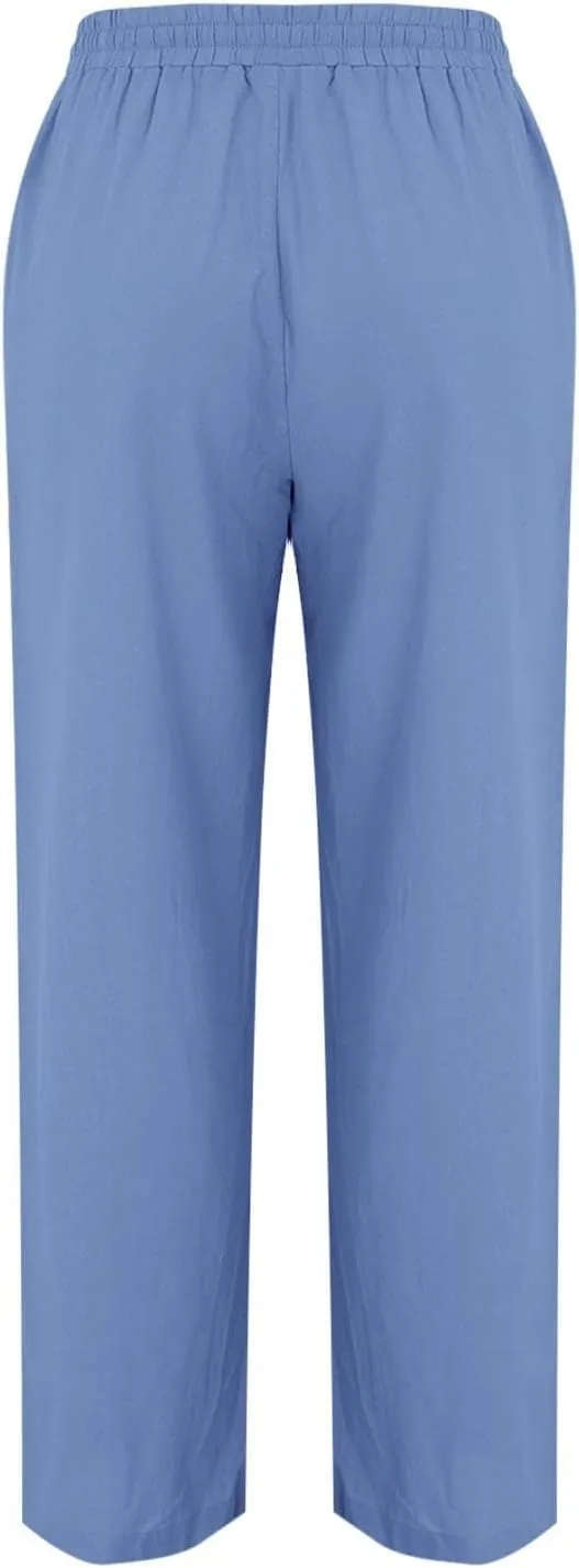 Wide Leg Linen Pants for Women Palazzo Casual Flowy Pants High Waisted Drawstring Lounge Comfy Trousers with Pockets