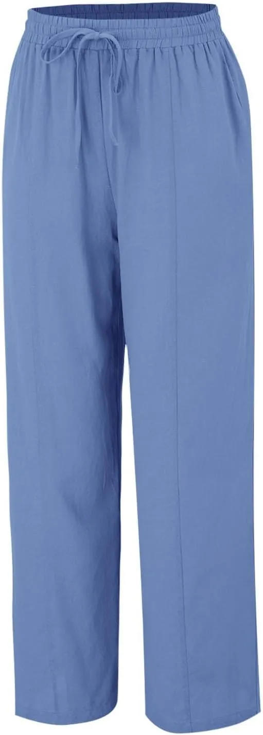 Wide Leg Linen Pants for Women Palazzo Casual Flowy Pants High Waisted Drawstring Lounge Comfy Trousers with Pockets