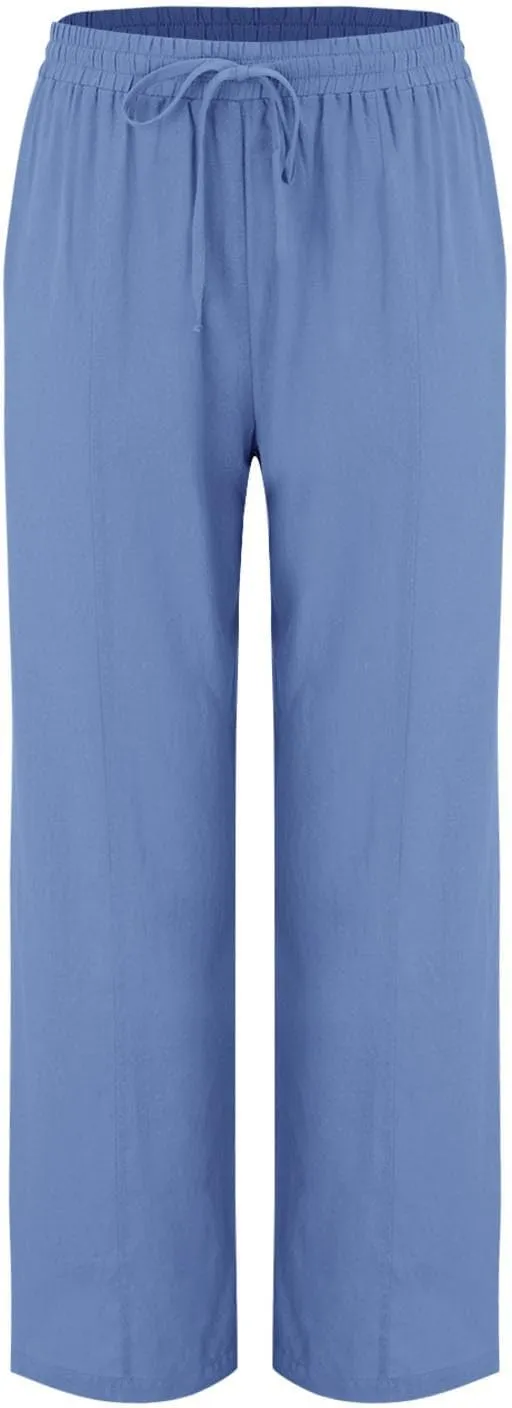 Wide Leg Linen Pants for Women Palazzo Casual Flowy Pants High Waisted Drawstring Lounge Comfy Trousers with Pockets