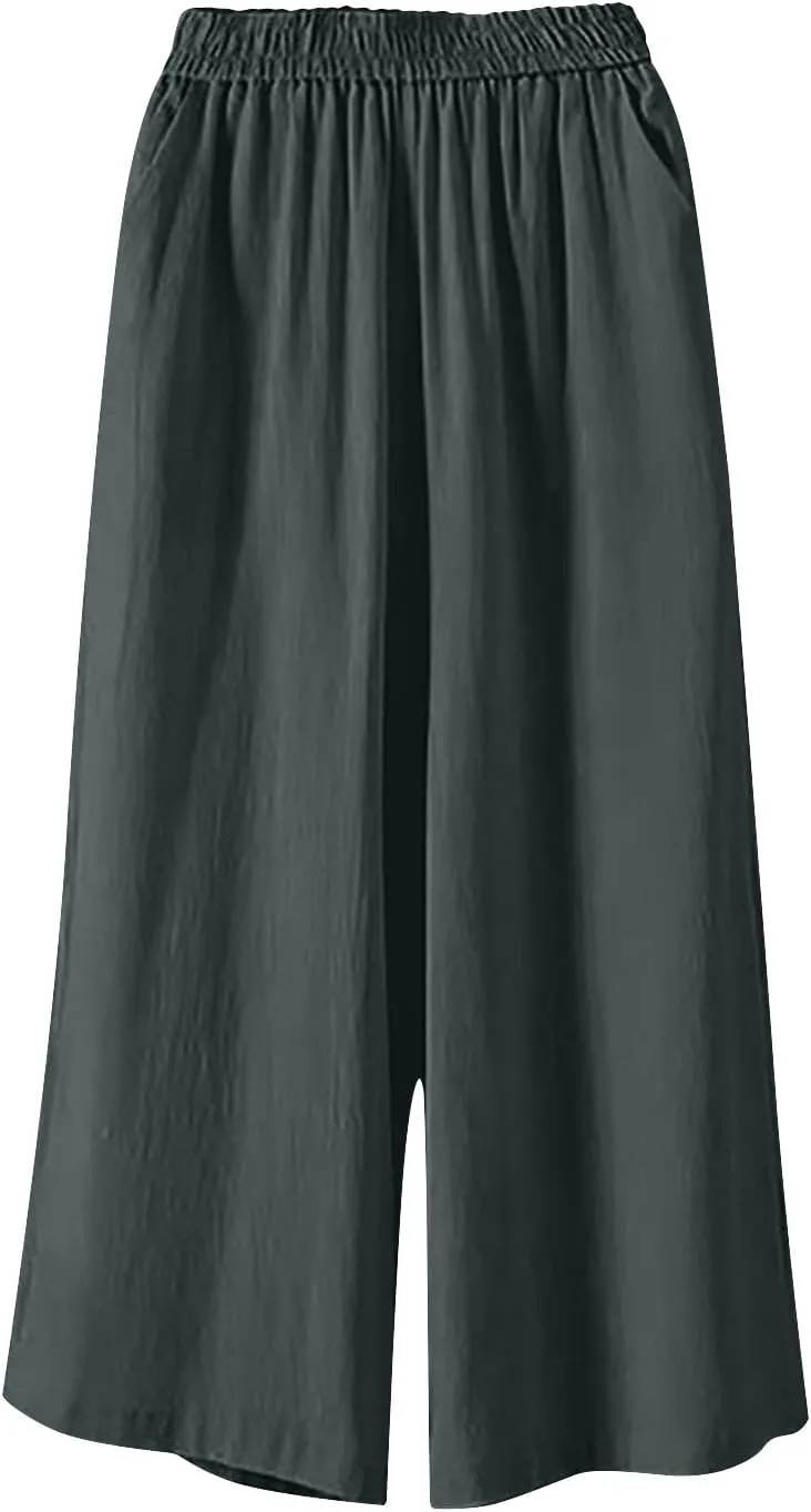 Wide Leg Linen Pants for Women Plus Size Summer Dressy Casual Capri Pants Summer Baggy Beach Cropped Trousers 2025