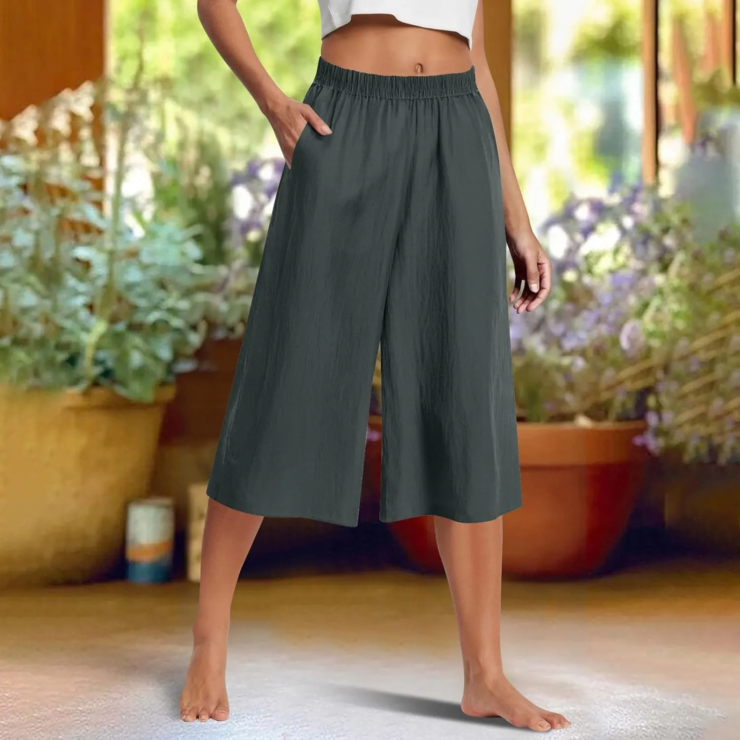 Wide Leg Linen Pants for Women Plus Size Summer Dressy Casual Capri Pants Summer Baggy Beach Cropped Trousers 2025